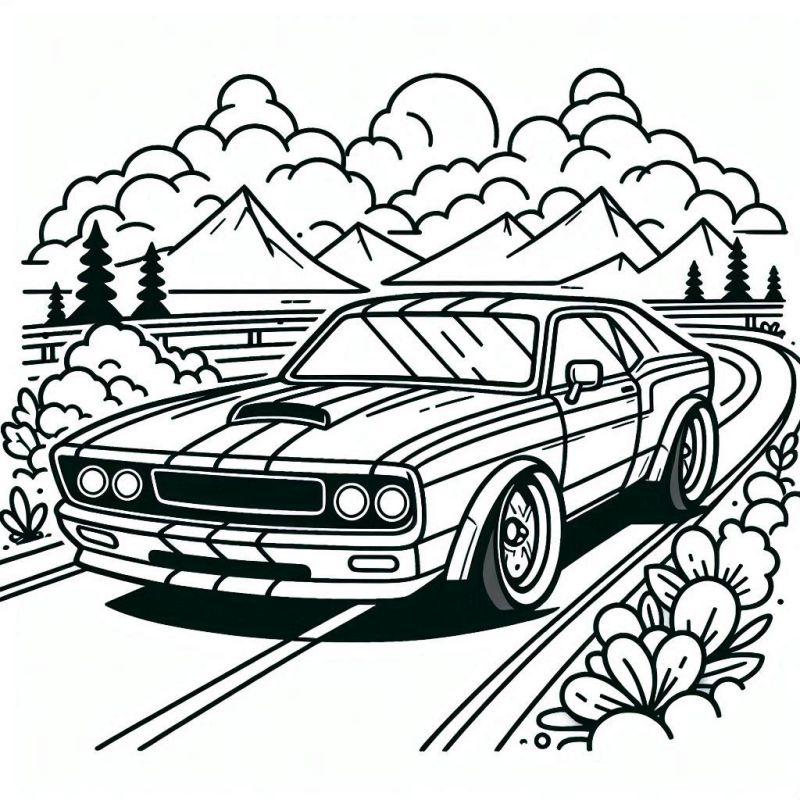 Desenho de carro clássico esportivo vintage fazendo uma curva em uma estrada montanhosa