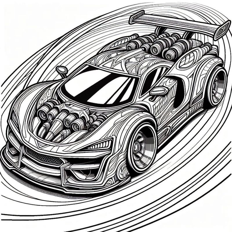 Desenho de carro esportivo estilizado detalhado da categoria Hot Wheels para colorir