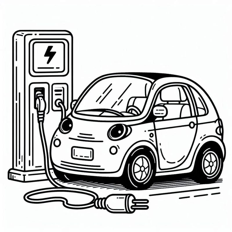 Desenho de pequeno carro elétrico conectado a uma estação de carregamento para colorir