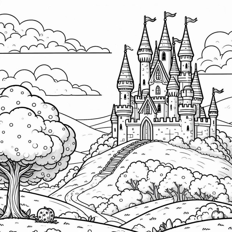 Desenho de Castelo Encantador na Colina para Colorir