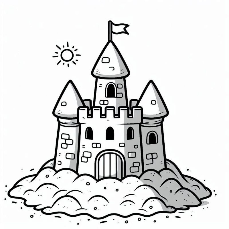 Desenho de um castelo simples com torres e bandeira para colorir