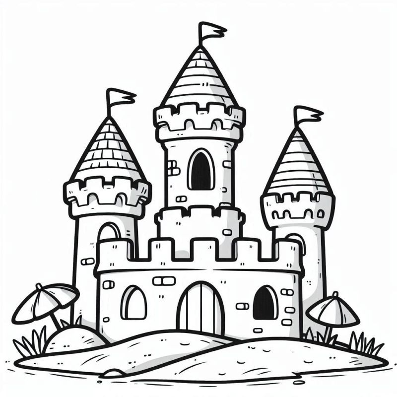 Desenho de castelo estilizado com três torres e muralha para colorir