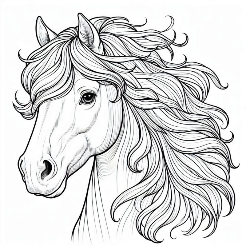 Desenho detalhado para colorir da cabeça e pescoço de um cavalo