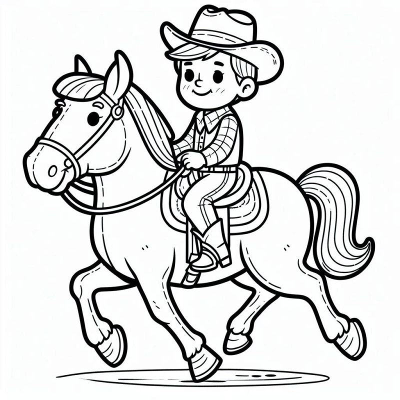 Desenho de Garoto Cowboy Montado em Cavalo Alegre para Colorir