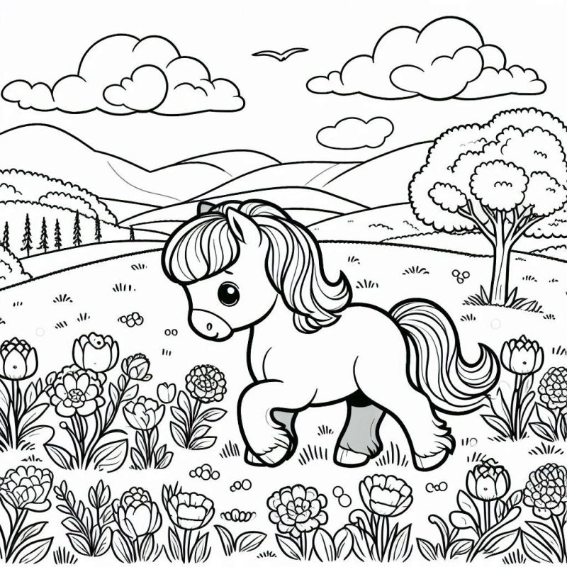 Desenho Fofinho de Cavalo no Campo para Colorir