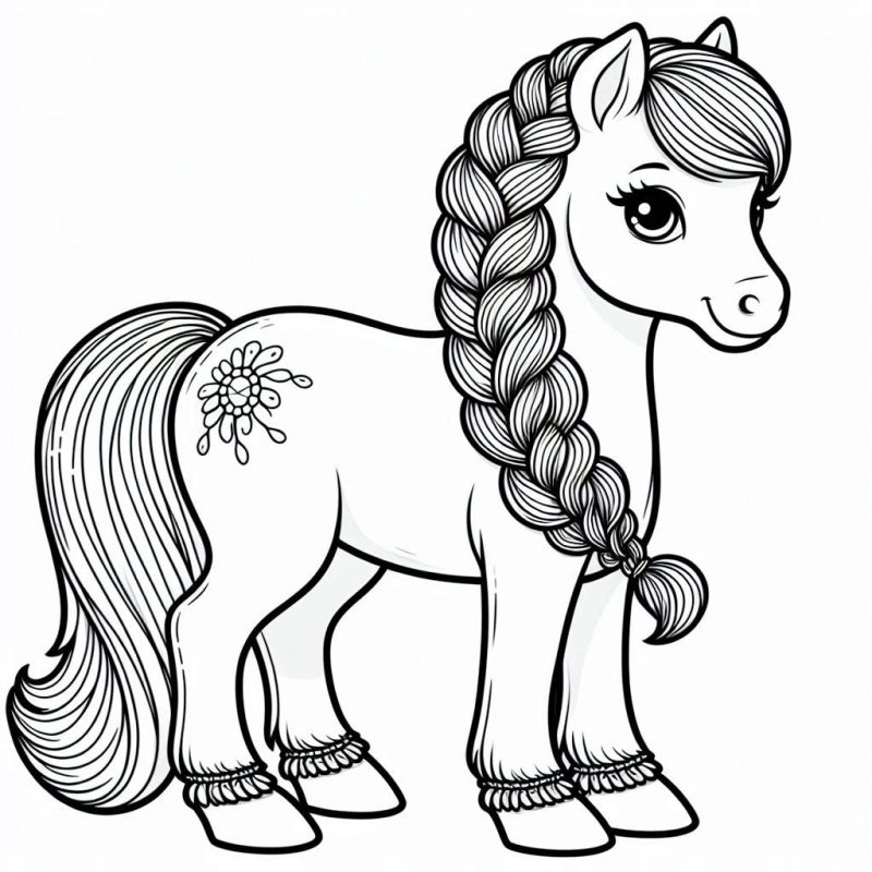 Desenho estilizado de um cavalo com crina trançada para colorir