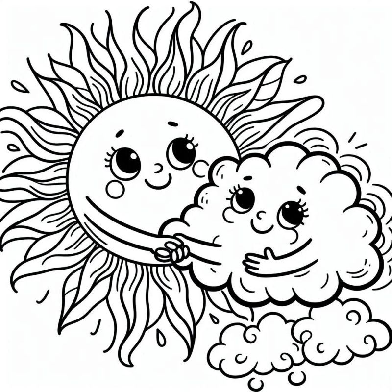 Desenho de sol e nuvem amigáveis para colorir