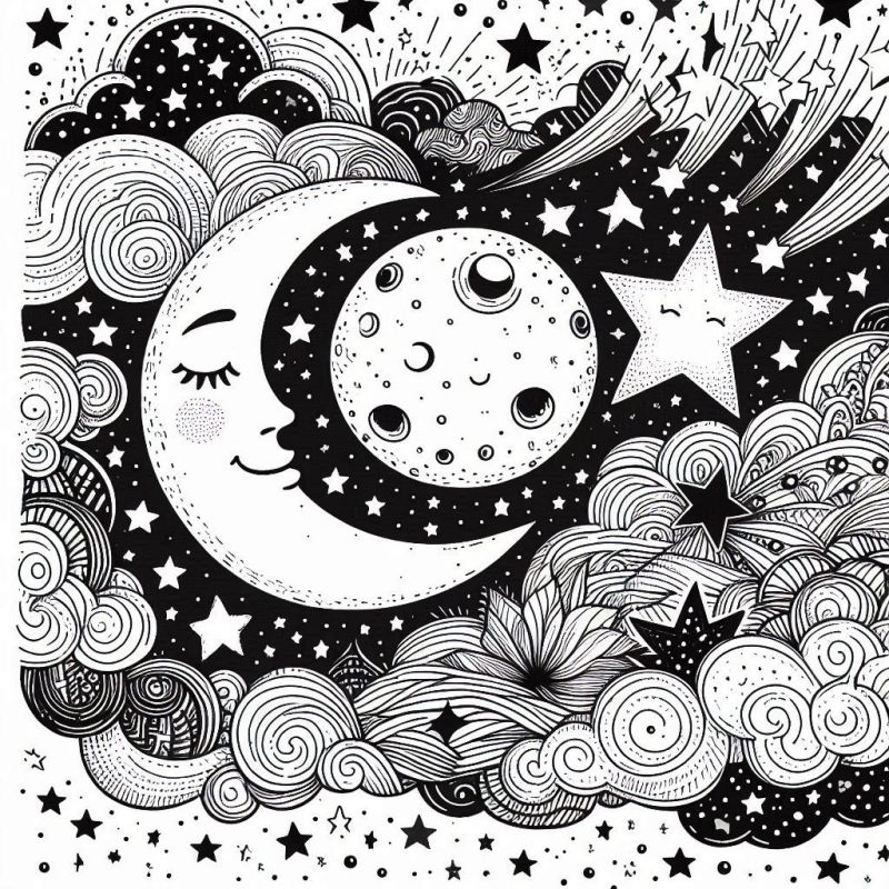 Desenho Detalhado de Lua, Sol e Estrelas para Colorir