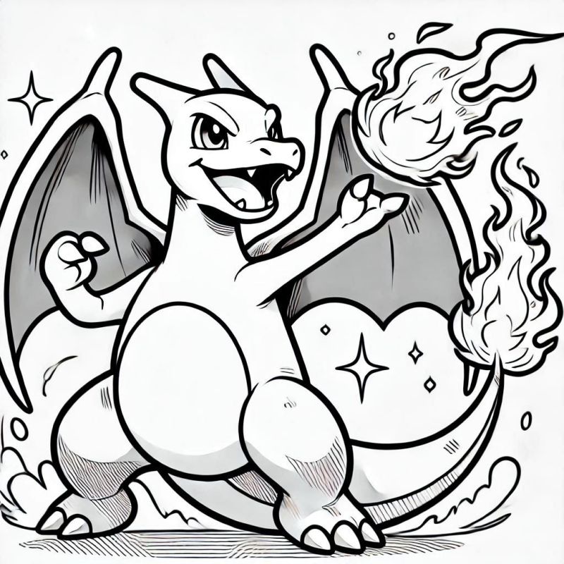 Desenho em preto e branco de Charizard em pose dinâmica mostrando seu poder, pronto para ser colorido.