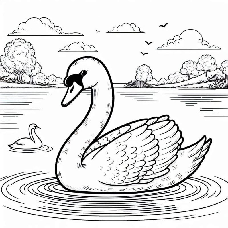 Cisne Majestoso Nadando em Lago para Colorir