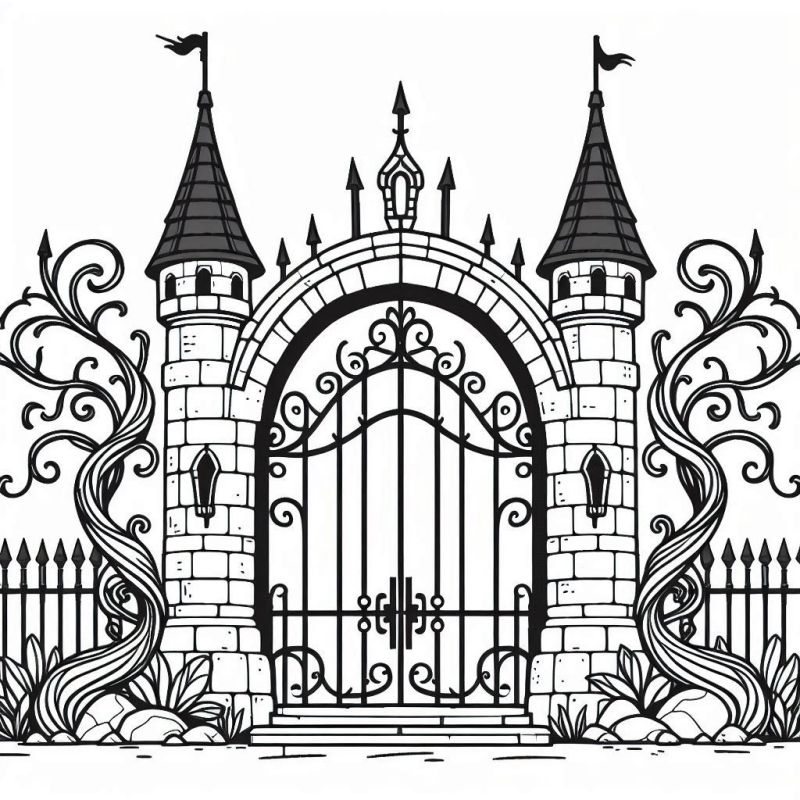 Desenho detalhado de uma majestosa entrada de castelo para colorir