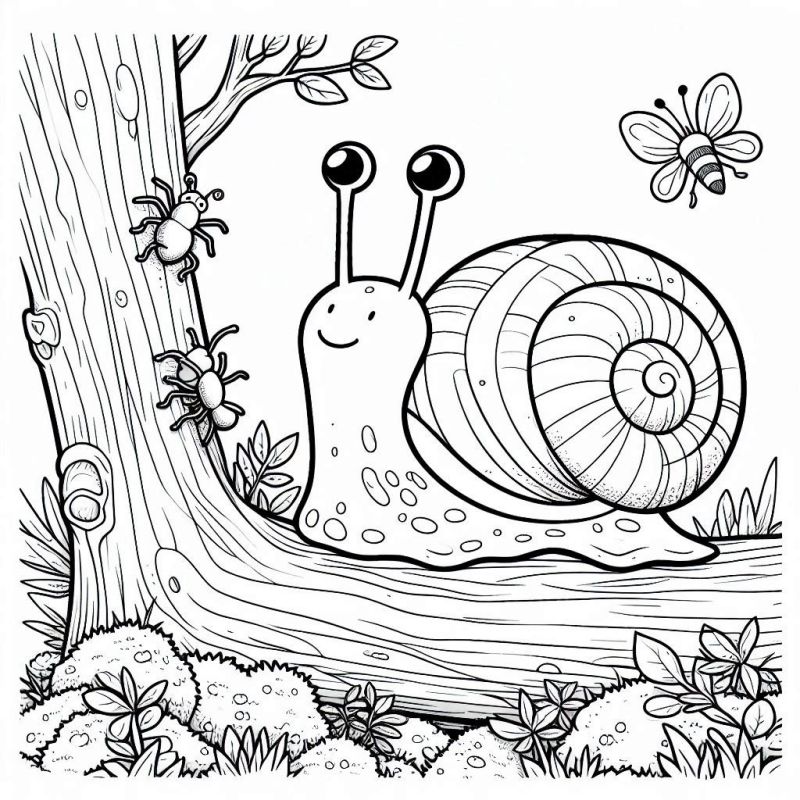 Desenho para colorir de um caracol sorridente com borboleta e formigas