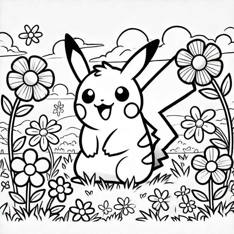 Desenho de Pikachu em cenário natural para colorir