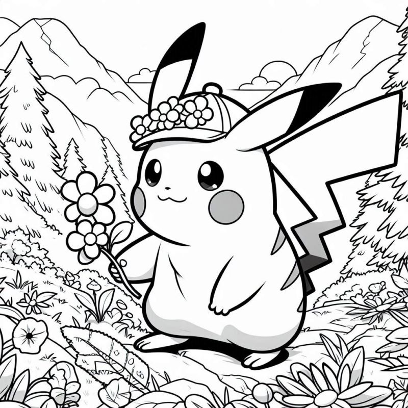 Desenho de Pikachu na Primavera para Colorir