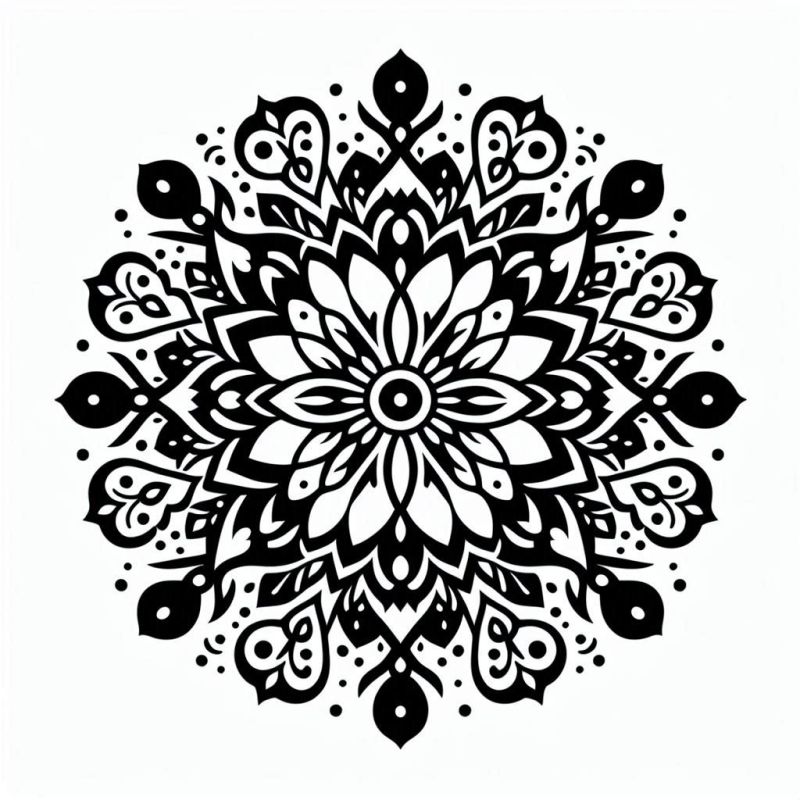 Mandala detalhada em preto e branco com design complexo para colorir