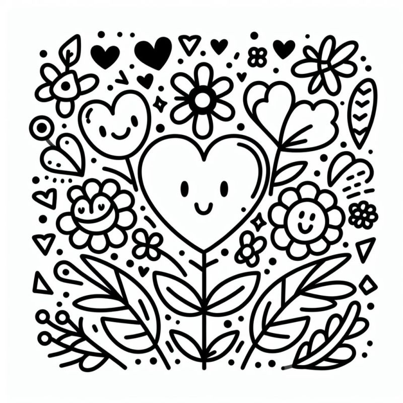 Desenho de um coração florido com elementos detalhados para colorir