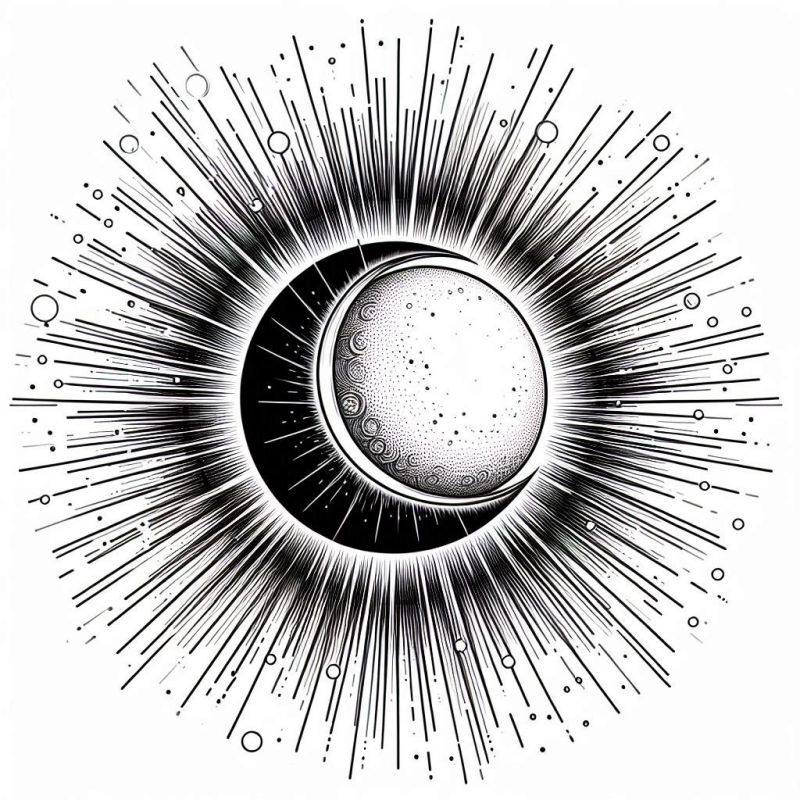 Desenho estilizado de planeta com eclipse e raios para colorir