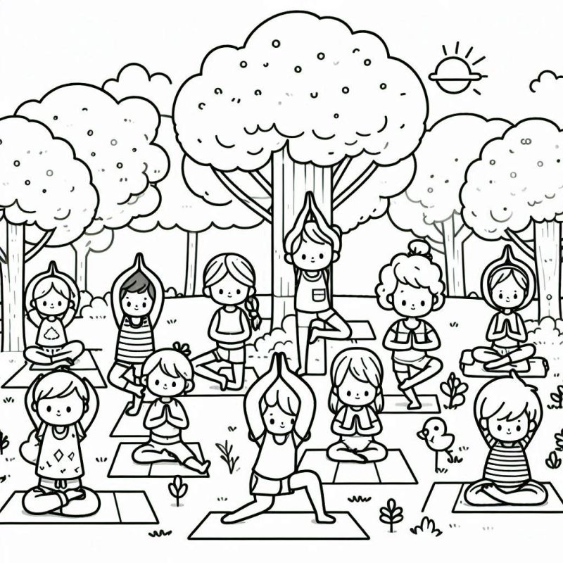 Desenho de crianças praticando yoga ao ar livre para colorir