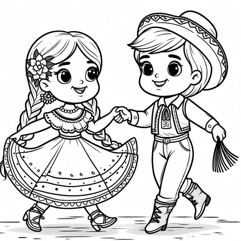 Desenho de crianças dançando em trajes folclóricos para colorir