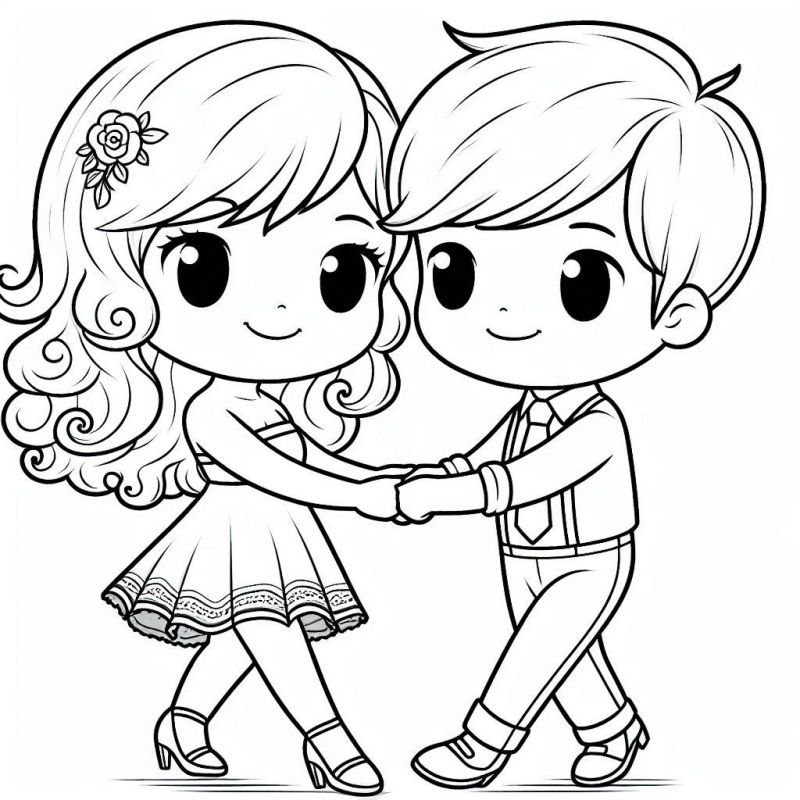 Menino e menina dançando em traços fofos e estilo chibi, prontos para colorir