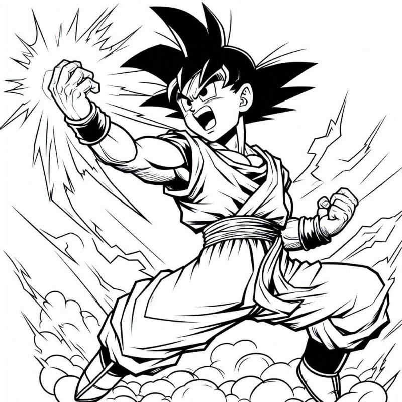 Desenho para colorir do Goku em ação com energia radiante de Dragon Ball