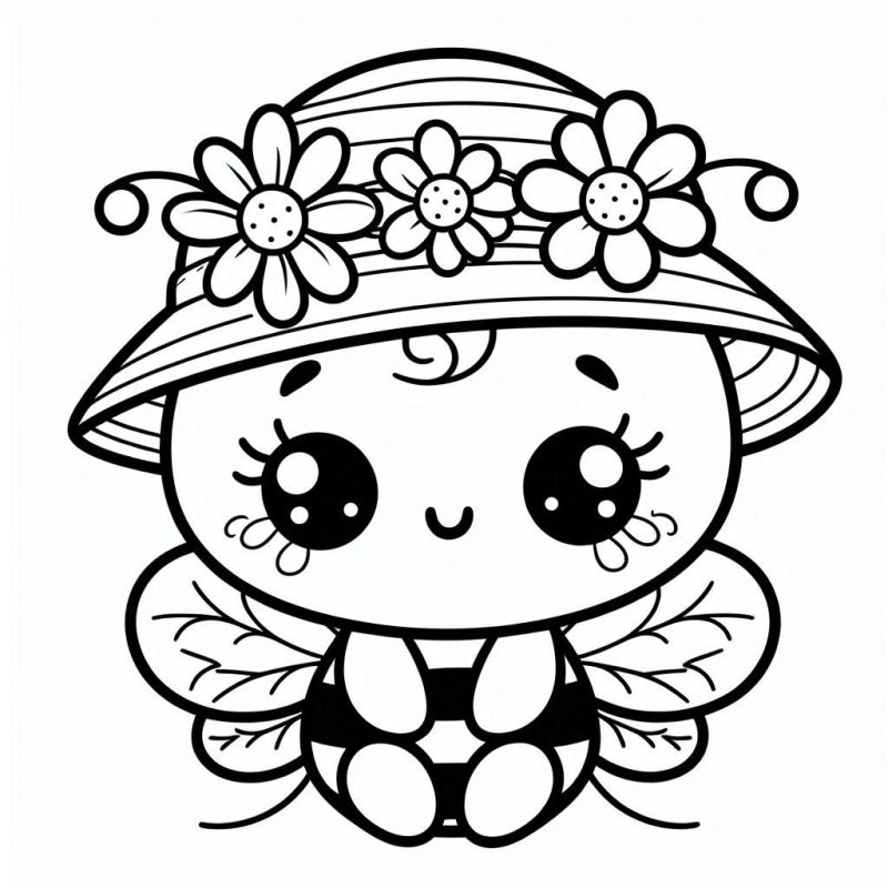 Desenho Kawaii de Abelhinha com Chapéu para Colorir