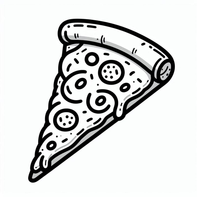 Desenho de uma fatia de pizza caricata para colorir com pepperoni, azeitonas e queijo derretido.