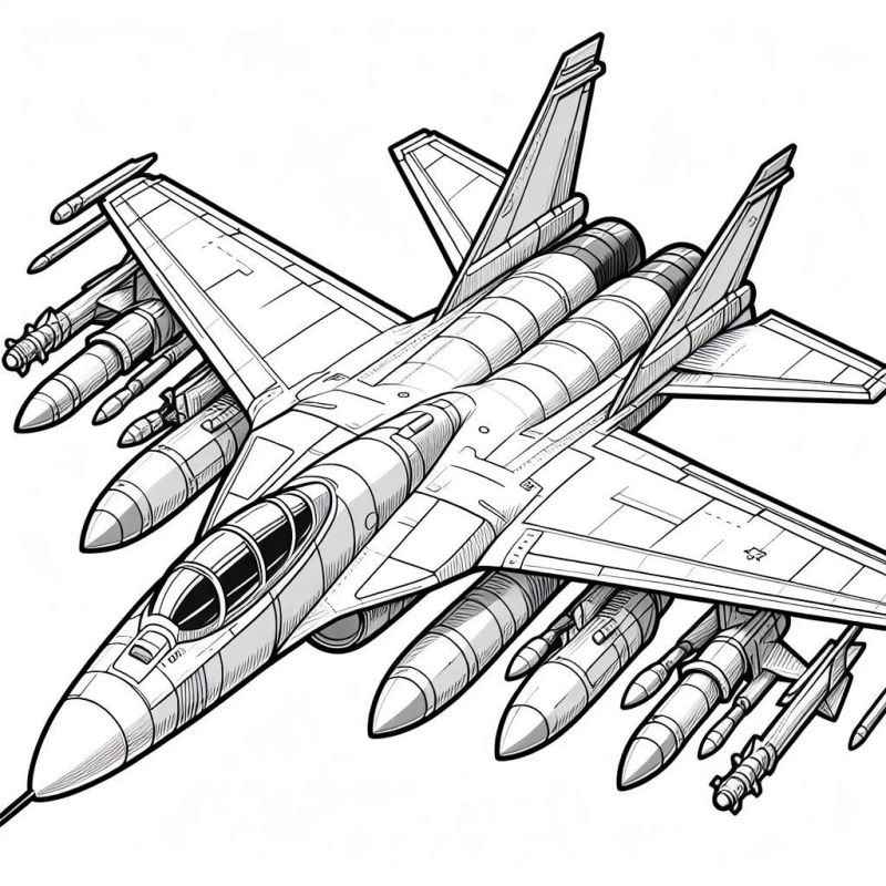 Desenho detalhado de um avião de combate para colorir