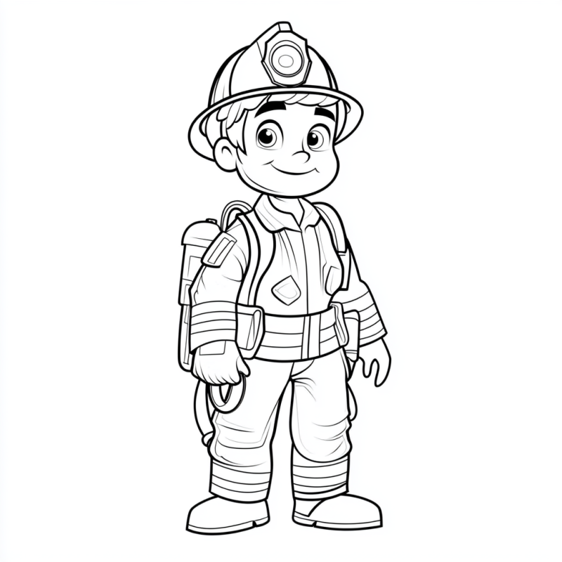 Desenho para colorir de bombeiro com equipamento completo