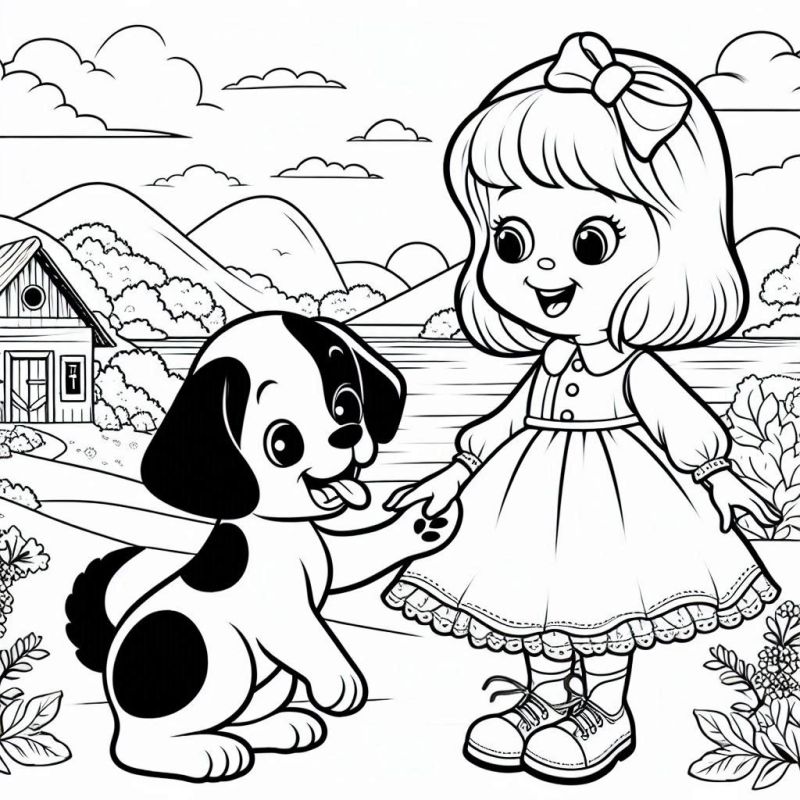 Desenho de Garotinha e Cachorro na Fazenda para Colorir