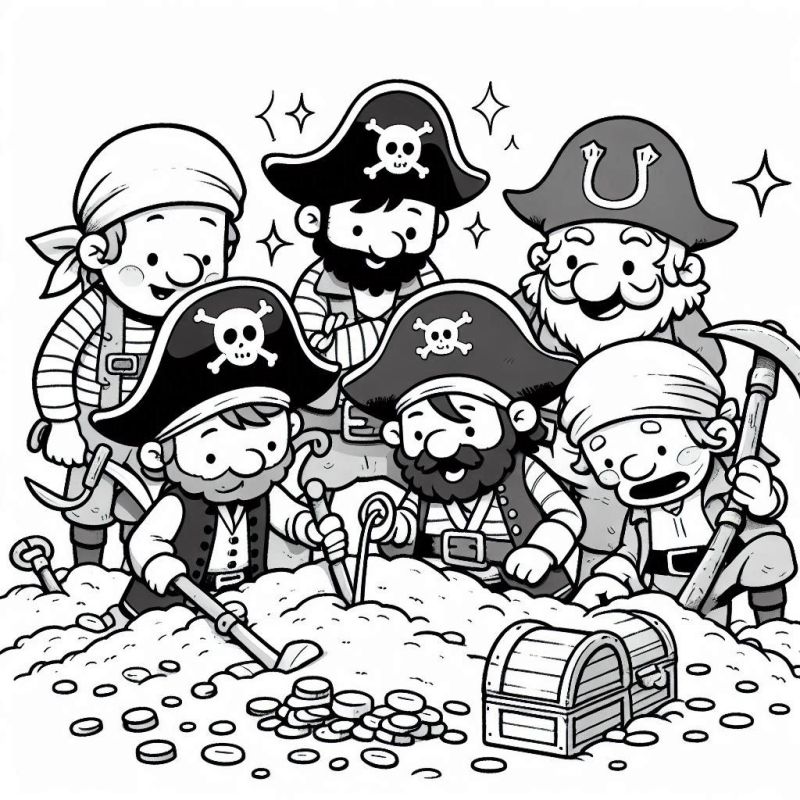 Desenho de grupo de piratas alegres em busca de tesouros para colorir