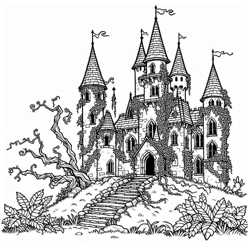 Desenho de castelo detalhado para colorir com torres, vegetação e árvore retorcida