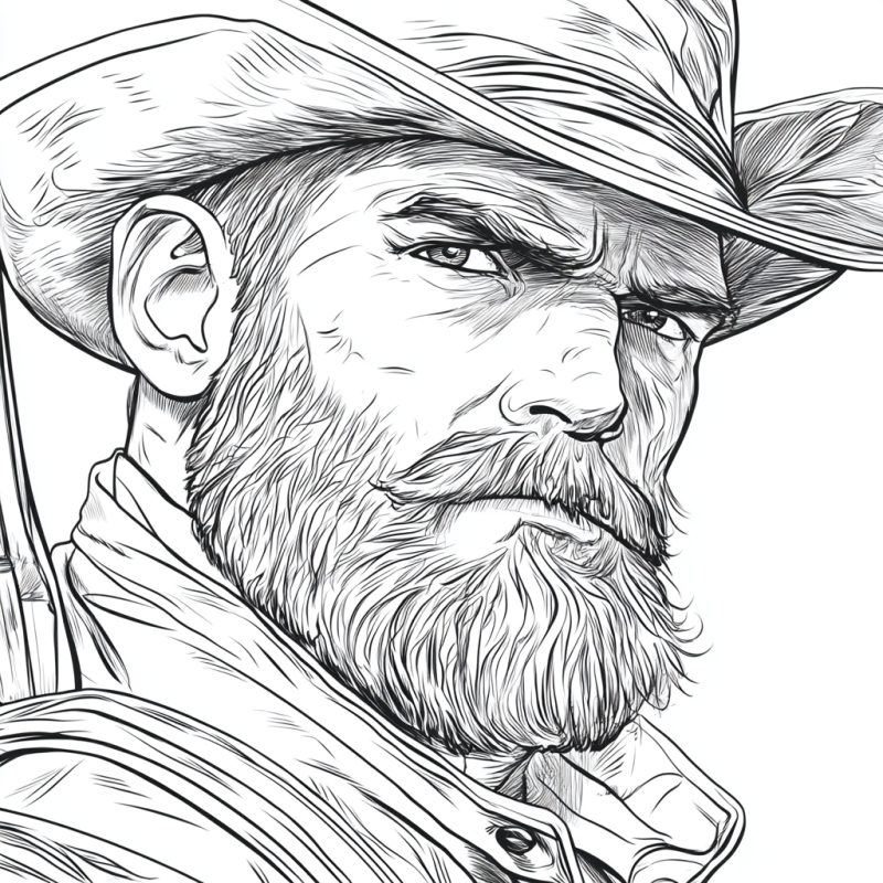 Desenho detalhado de homem com chapéu cowboy, barba espessa e expressão séria para colorir