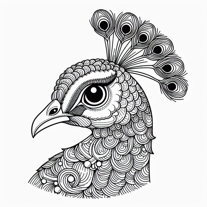 Desenho Detalhado de Pavão Focado na Cabeça e Pescoço para Colorir