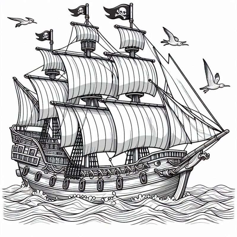 Desenho de navio pirata com ondas agitadas para colorir