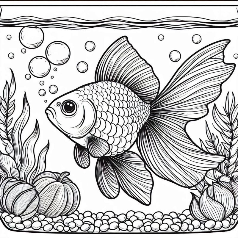 Desenho detalhado de aquário para imprimir e colorir com peixe e elementos aquáticos