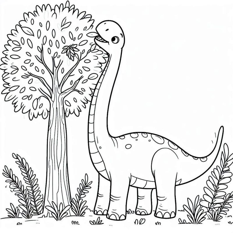 Dinossauro Saurópode com Árvore – Desenho para Colorir