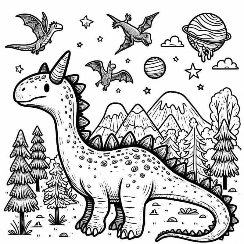 Desenho de Cenário Pré-histórico com Dinossauros para Colorir