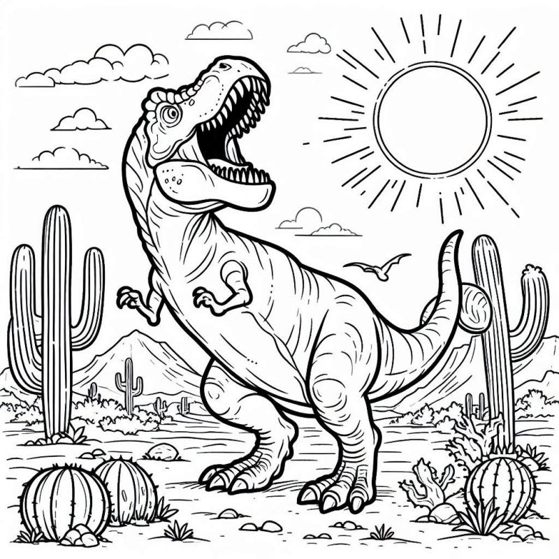 Tiranossauro Rex Rugindo no Deserto para Colorir