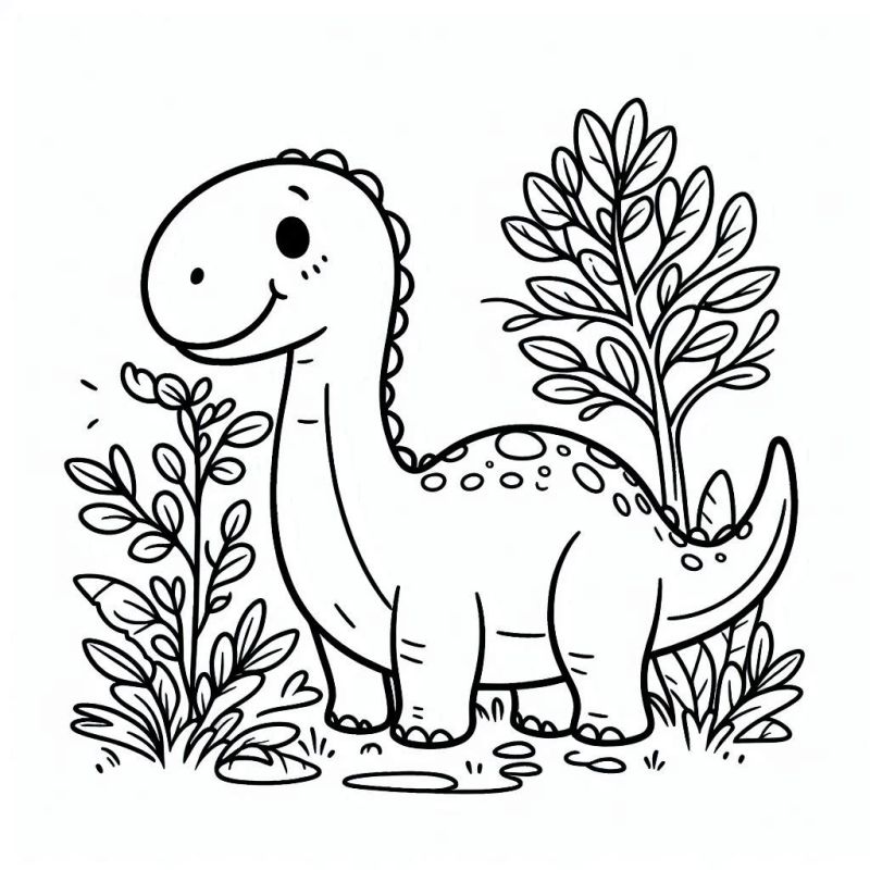 Dinossauro animado com expressão sorridente e cenário pré-histórico ideal para colorir