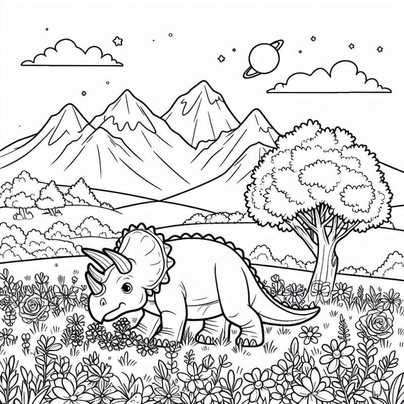 Desenho de Dinossauro em Campo Florido para Colorir