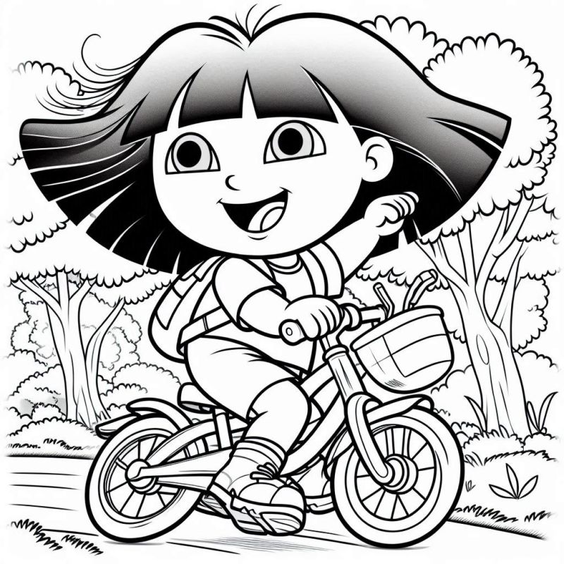 Dora Aventureira alegremente andando de bicicleta em um parque