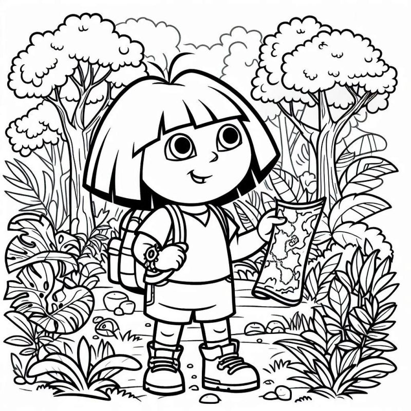 Desenho para colorir da Dora Aventureira na floresta com mochila e mapa