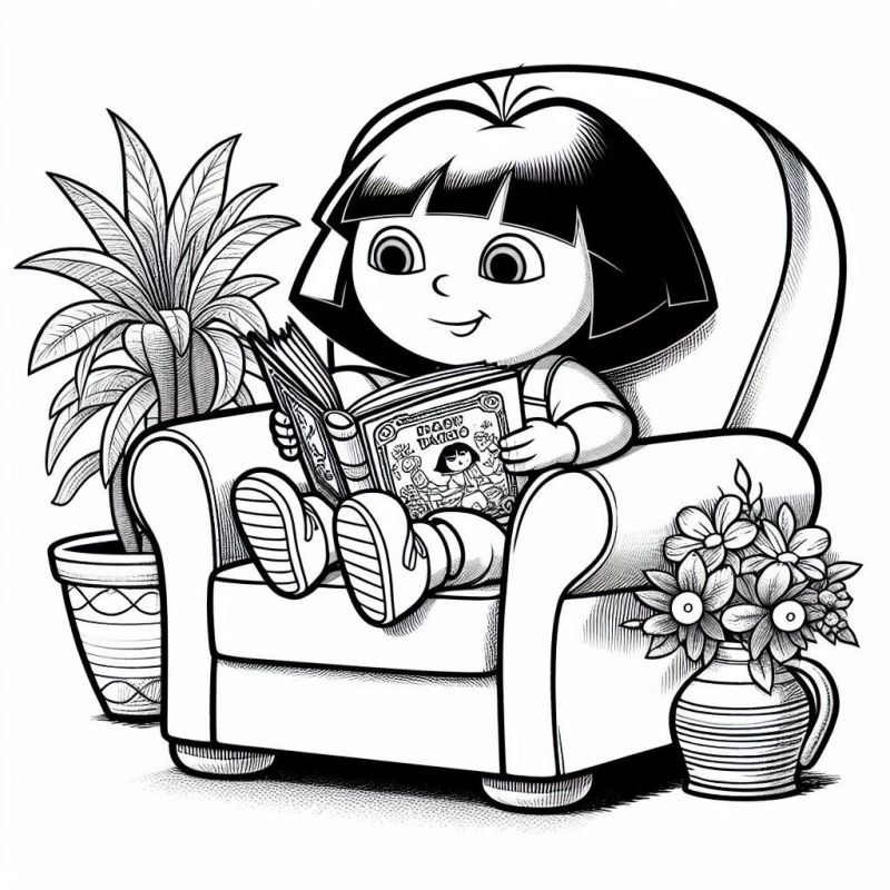 Dora Aventureira sentada em uma poltrona lendo um livro para colorir