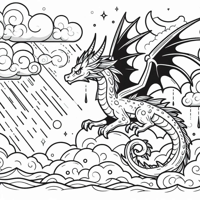 Majestoso dragão em cenário celestial para colorir