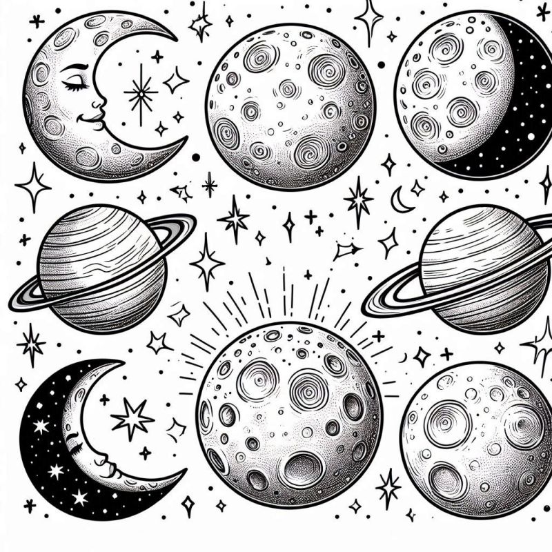 Desenho para colorir com elementos celestiais incluindo luas, planetas, estrelas e sol