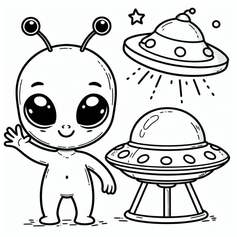 Desenho de alienígena acenando com discos voadores e estrelas para colorir