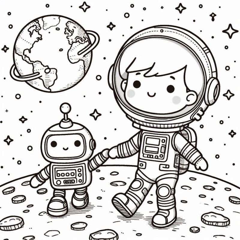 Desenho de Criança Astronauta e Robô em Aventura Espacial para Colorir