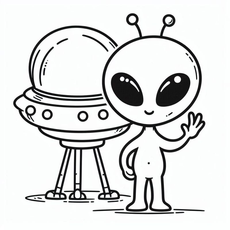 Desenho de um alienígena amigável acenando em frente a uma nave espacial