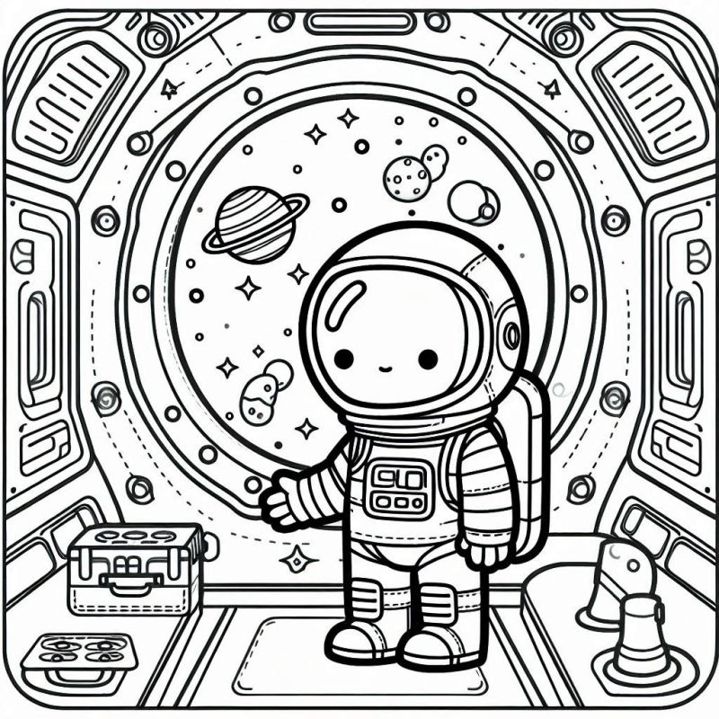 Desenho detalhado de astronauta em uma nave espacial futurista para colorir